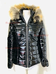 Neu Damen Wet Look glänzend Puffer wattiert Fell Kapuze Winter warm Jacke S-XL - Bild 1 von 2