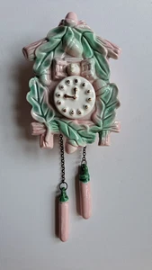 Vintage rosa & grüne Kuckucksuhr Keramik Wandtasche 50er Mid Century Keramik - Bild 1 von 14
