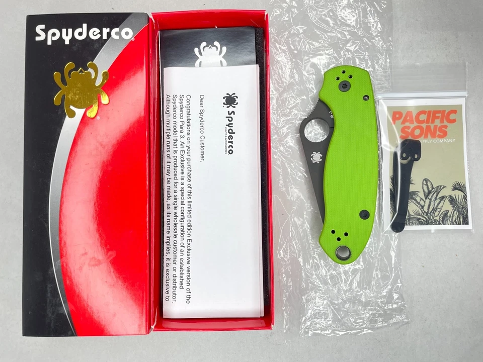 Spyderco Para 3 Neon Green G-10 CPM 20CV Black Blade Rare (C223GNGRBK)