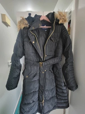 Rocawear Long Women's Faux Fur Hooded Coat Black And Gold Winter Coat - Image 1 of 4