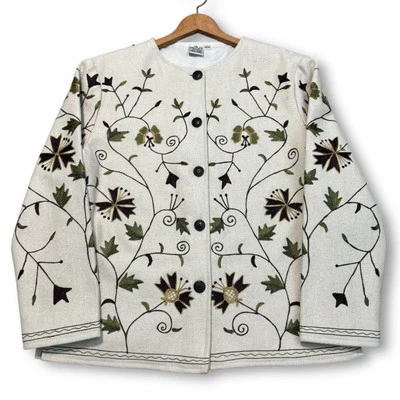 Abrigo Suéter Floral Bordado Lana L Perejil y Salvia Mujer Lagenlook Hoja Artística Foto 1 de 4