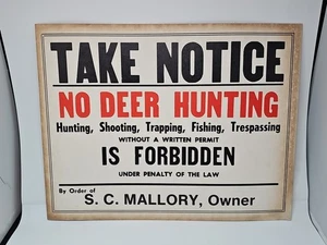 Vintage cardstock No Deer hunting sign S C Mallory fishing trapping outdoors - Picture 1 of 2