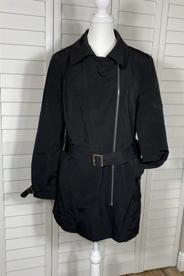 Gabardina para mujer Ann Klein negra asimétrica con cremallera media con cinturón talla XL Foto 1 de 4