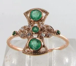 9K 9CT ROSE GOLD COLOMBIAN EMERALD & DIAMOND FAN ART DECO INS RING FREE SIZE - Picture 1 of 5