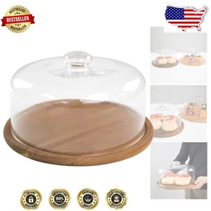 Modern 11.8" Acacia Wood Cake Tray with 10.2" Clear Glass Dome for Entertaining - Picture 1 of 9