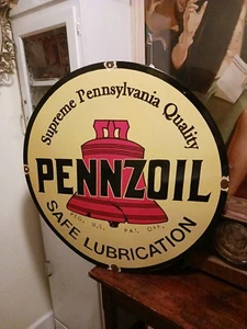 VINTAGE PENNZOIL SIGN - SAFE LUBRICATION GAS SERVICE STATION 30" PORCELAIN SIGN - Picture 1 of 14