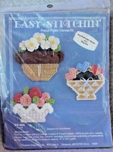 Vintage EASY STITCHIN Floral Basket Magnets Plastic Canvas Cross Stitch Kit - Picture 1 of 4