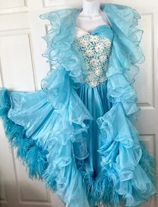 Vintage 70s Handmade Ballroom Dance Gown Ostrich Feather Organza Ruffled Boa SM - Picture 1 of 15