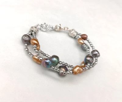Bracciale donna perla naturale multifilo ematite argento 925 - Immagine 1 di 4