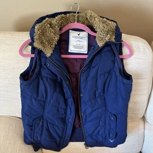 Vintage American Eagle Outfitters Hooded Puffer Vest Matte Blue Purple Lined ‘08 - Picture 1 of 11
