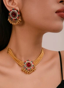 Gold Multi Color Bead Decor Earring Necklace Set Costume Indian Jewellery Pieced - Picture 1 of 4