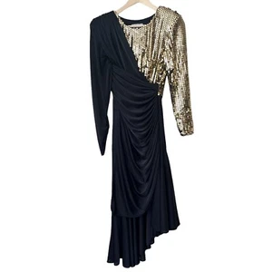 Vtg 80s Susan Roselli Vijack Black Gold Sequin Dress Asymmetrical Ruching XS S - Picture 1 of 13