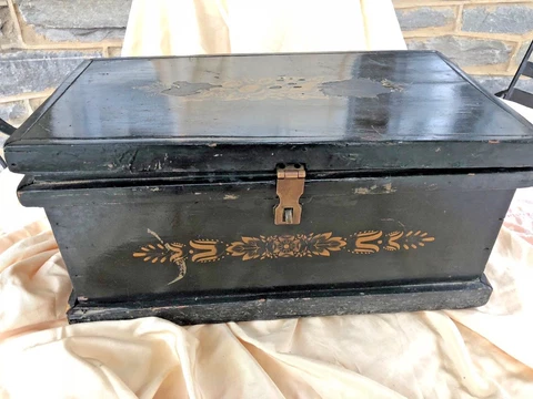 Antique Chest Wood Hinged Black Gold Toleware Decals Handmade Americana Folk Cover