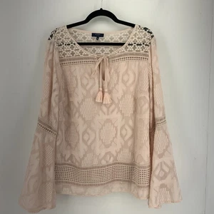 Blusa donna Boho contadina XL ricamata collo diviso nappa maniche a campana rosa - Foto 1 di 8