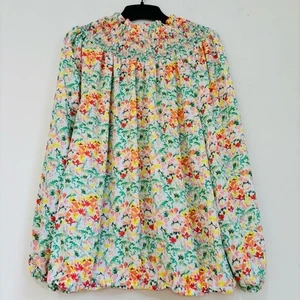 LOFT Boho Yellow Green Floral pink long sleeve mock neck pleated retro blouse XL - Picture 1 of 16
