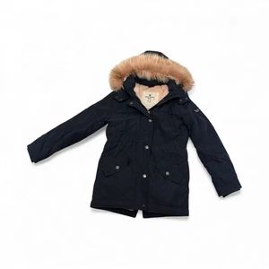 Abercrombie Kids Navy Blue with Pink Faux Fur Hooded Girls  Coat Size 11-12 - Picture 1 of 5