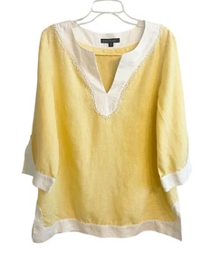 Lafayette 148 NY 100% Linen Top Size 12 Tunic Blouse Yellow White Beaded V-Neck - Picture 1 of 10