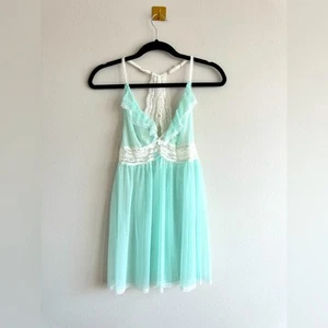 Betsey Johnson Lace Trim Teal White Sheer Bow Babydoll Lingerie Size S - Picture 1 of 5