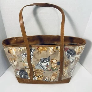 Clever Carriage Company All Over Dog Print PVC Brown Leather Old World Tote Bag - Picture 1 of 16