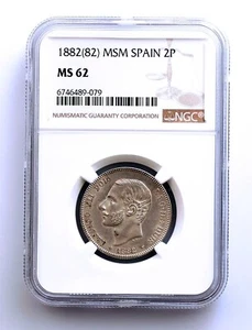 S.C. Spain-Alfonso XII. 2 Pesetas 1882*18-82 MSM. Madrid. Plata 10 g. NGC MS 62 - Picture 1 of 2