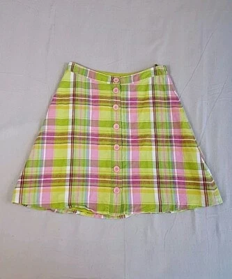 Falda hasta la rodilla H&M rosa verde a cuadros mezcla de lino botones forrados cabaña Barbiecore Foto 1 de 4