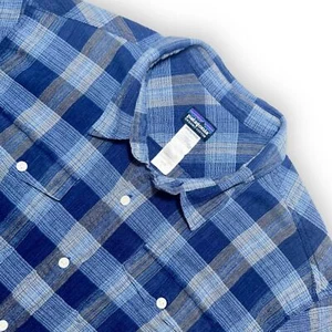 Patagonia Organic Cotton Long Sleeve BU Blue Plaid Seersucker XL - Picture 1 of 6