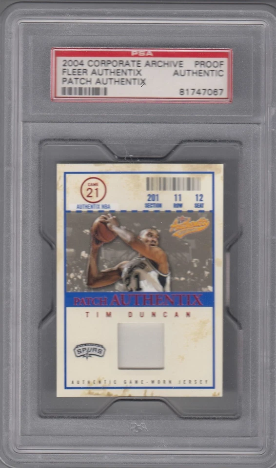 2004-05 Tim Duncan Fleer Authentix Red Corporate TEST PROOF Patch - PSA - Image 1 of 1