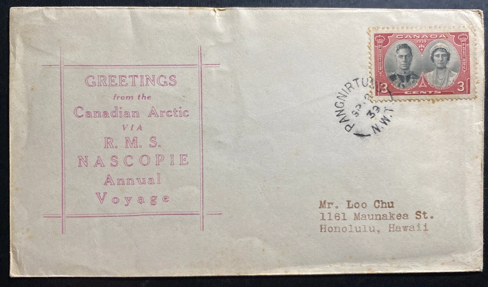 1939 Pangnirtung Canada Arctic Anual Voyage First Day Cover FDC RMS Nascopie - Image 1 of 2