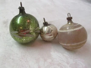 Vintage 3 glass Christmas Ornaments green silver striped floral #36 - Picture 1 of 4