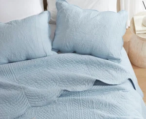 SKY BLUE 3pc Queen QUILT SET : MATELASSE CHIC SHABBY COZY COTTAGE TILE COVERLET - Picture 1 of 11