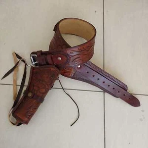 Western Gun Holster Belt Leather Revolver Pistol Tooled .22 .35/357 .44/45 Cal - Picture 1 of 9