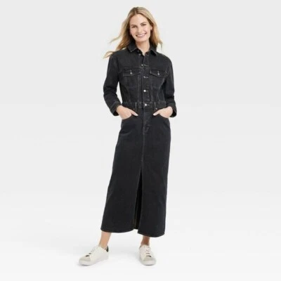 Universal Thread Women's Long Sleeve Denim Maxi Dress Black Wash Size 00 - Image 1 of 4