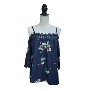 IZ Byer Women's Blue Floral Blouse Large Cold Shoulder Square Neck - Picture 1 of 5