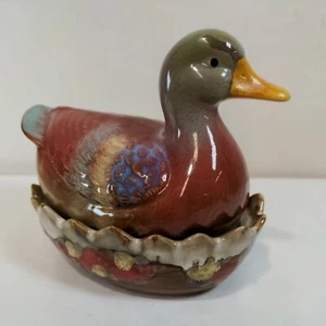 Vintage Hand Painted Mallard Duck on Nest Candy Dish Pottery Duck - Picture 1 of 10