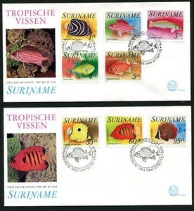 SURINAM 1976, TROPICAL FISH, Scott 447-451, C55 - C57 on 2 F.D.C.'s - Picture 1 of 1