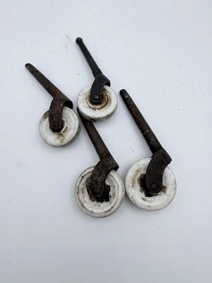 Set of 4 Antique Porcelain Furniture Casters – White Ironstone Wheels Rustic - Image 1 of 4