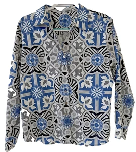 Foxcroft Langarm Baumwolle blau Geo faltenfrei geformte Passform Bluse Damen 14P - Bild 1 von 18