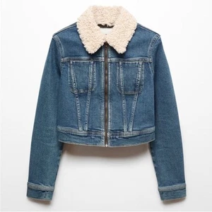 NWT Mango Mng Gio Sherpa Shearling Collar Zip Biker Moto Denim Jacket Blue XS - Picture 1 of 9