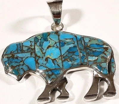 925 STERLING SILVER MATRIX TURQUOISE BUFFALO 1 5/8" x 1 9/16" PENDANT 9.5g - Image 1 of 3