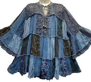 Nw FUNKY STUFF patch boho tiered babydoll sheer chiffon viscose TOP 1X Free ship - Picture 1 of 5