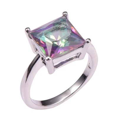 Sale Princess Cut, Big Stone Mystic Topaz Ring, White Gold Plated, Size 6 ONLY - Image 1 of 4