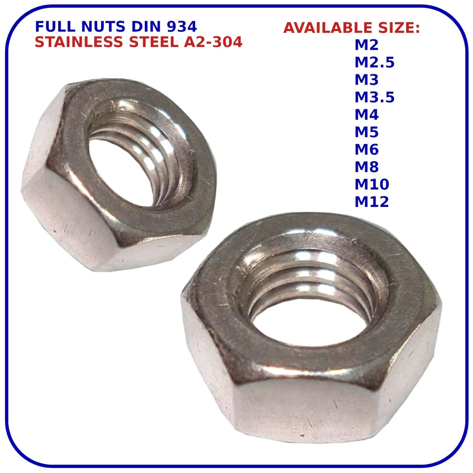 ROBS FASTENERS NUTS STAINLESS STEEL M2 M2.5 M3 M3.5 M4 M5 M6 M8 M10 M12 HEX FULL NUT A2-304