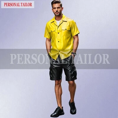 MEN'S LAMBSKIN YELLOW & BLACK LEATHER LAPEL COLLAR SHIRT AND SHORTS CARGO POCKET - Image 1 of 2