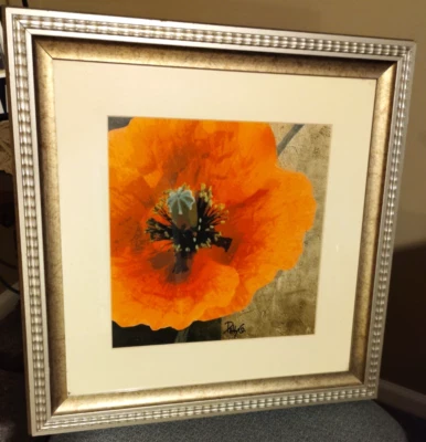 Orange Poppy Flower Art Frame + Matte Ready to Hang 20 x 20 Signed - Image 1 of 4