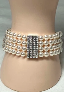 Roman 4 Row Simulated White Pearls With Rectangle 4 Rows Clear Crystals Stretch - Picture 1 of 5