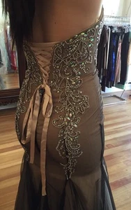 Mermaid Strapless Sweetheart Lace Up Corset Champagne And Black Long Prom Dress - Picture 1 of 5