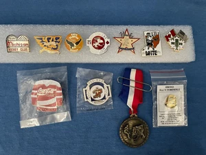 1980s Lot 10 Youth HOCKEY Bag Pins + Medal - Michigan Windsor Ohio NY Coca-Cola - Picture 1 of 16