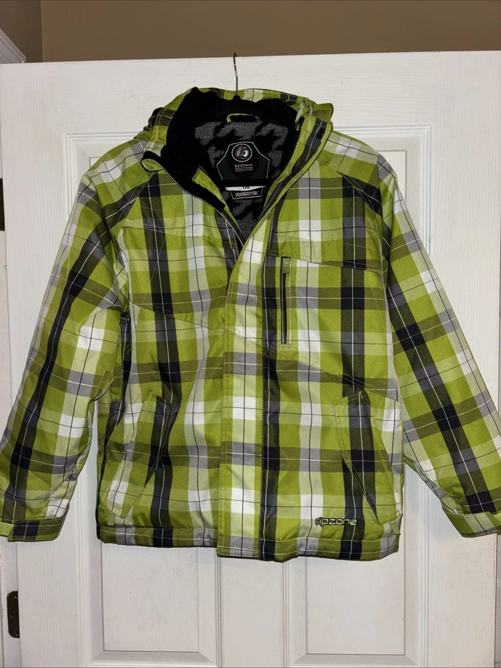 Ripzone Youth Sz L Insulated Ski Snowboard Jacket Lime Plaid Phone Zip Pockets - Image 1 of 4