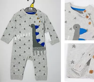 Pagliaccetto Mothercare bambino ragazzo grigio maglia dinosauro vestito tutto in uno NUOVO