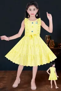 Girls Yellow Cotton Chex  Print Pleated Easter Unicorn Casual Dress Knee Length - Picture 1 of 2